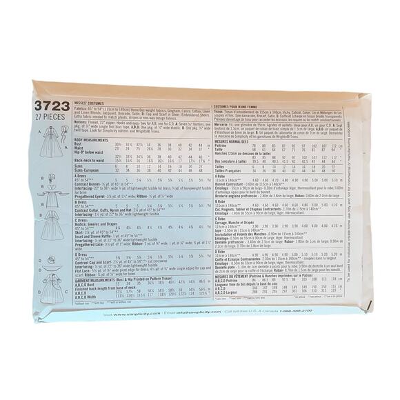 Simplicity 3723 Misses Cottage Prairie Costume Variations Size 6 8 10 12 Pilgrim - Picture 3 of 4